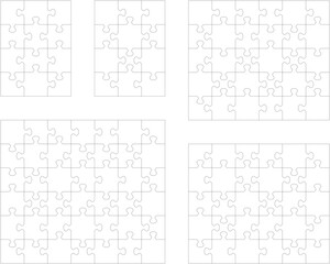 Illustration of five white puzzles, separate parts		
