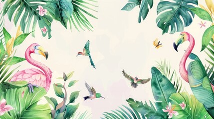 Enchanting watercolor plants and animals create a frame, ideal for your personalized message.