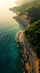 Obraz premium A serene coastal road winding along the edge of a rocky cliff overlooking the calm blue sea