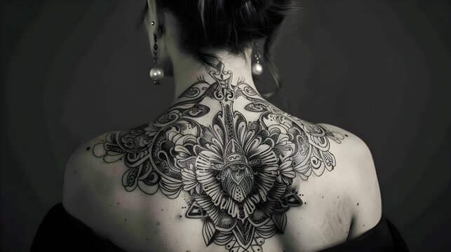 Intricate tattoos cover a woman's back as she poses for a photo in style.