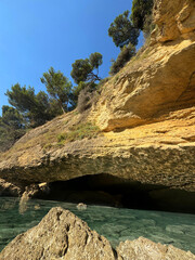 Sea cave grotto with cliffs overgrown pine trees