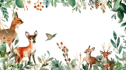 Enchanting watercolor plants and animals form a frame, ideal for highlighting your text