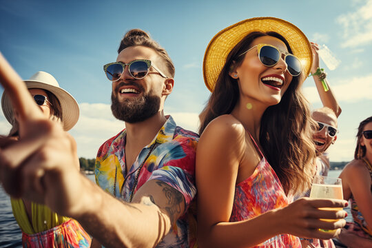 Vibrant Boat Party on Sunny Lake - Friends in Colorful Attire Celebrating with Festive Vibe