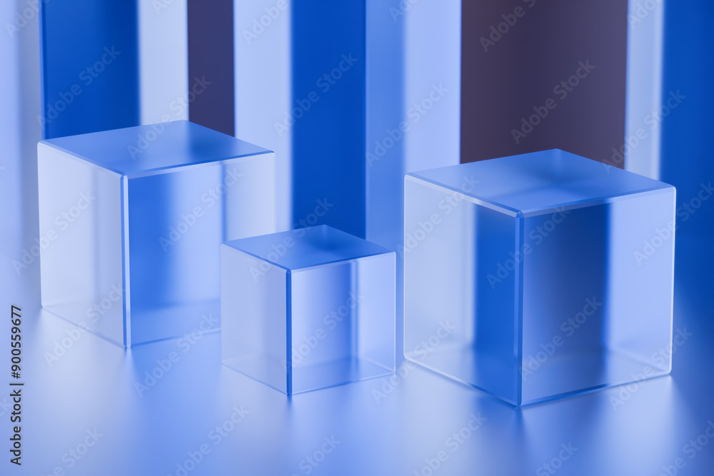 Poster transparent blue cubes of varying sizes displayed on a reflective surface. 3d rendering