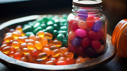 a jar of candy sits on a tray with a sticker that says candy.