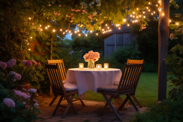 Obraz premium Illuminated Romance: Candlelit Dinner in Enchanting Garden Setting