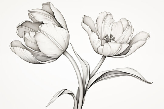 Graceful Hand-drawn Tulip Illustration with Intricate Details and Shading