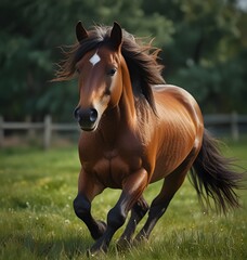 Obraz premium Portrait closeup a brown long mane horse running freedom on green field. AI generated image