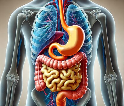 Realistic X-ray image of the digestive system, highlighting the stomach and intestines.