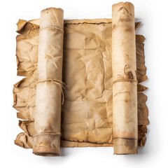 Vintage scroll opened papyrus, isolated on a white background, bright and vivid tonality, in the style of product photography