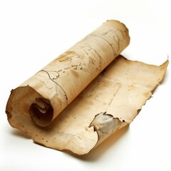 Vintage scroll opened papyrus, isolated on a white background, bright and vivid tonality, in the style of product photography