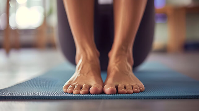 A woman's feet gracefully positioned in a yoga pose, showcasing flexibility and strength in style.
