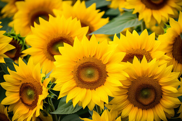 Fototapeta premium Vibrant Sunflower Field Close-Up with Yellow Petals and Green Leaves