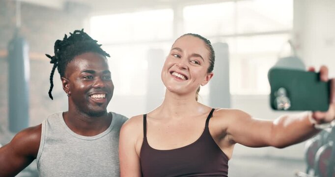 Happy people, fitness and selfie with peace sign at gym for workout, exercise or photography. Interracial man and woman smile for photo, picture or memory in teamwork for training at health club