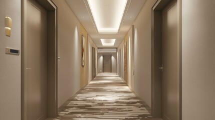 A long hallway with a lighted ceiling and doors