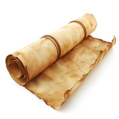 Vintage scroll opened papyrus, isolated on a white background, bright and vivid tonality, in the style of product photography
