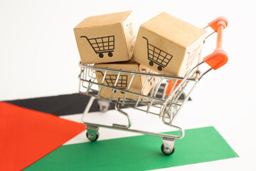 Palestine flag with box shopping online cart logo. Import export shopping online.
