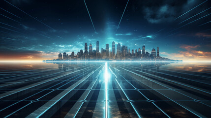 Sunset city skyline and technology data glass road