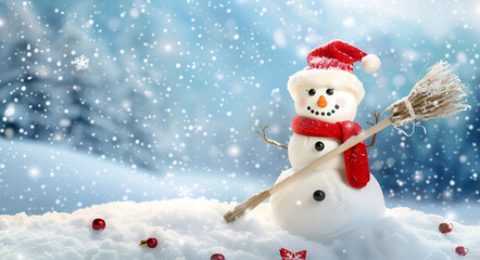 Cheerful Snowman with Red Scarf and Hat Holding a Broom in a Snowy Winter Wonderland with Falling Snowflakes