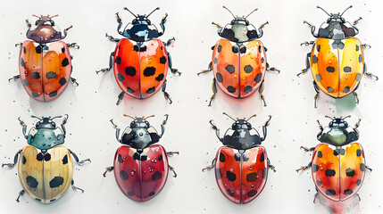 Fototapeta premium A collection of ten vibrant watercolor ladybugs showcasing various colors and patterns.