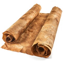 Vintage scroll opened papyrus, isolated on a white background, bright and vivid tonality, in the style of product photography