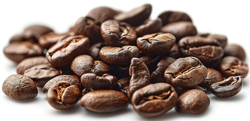 Fototapeta premium A number of dark brown coffee beans on a white background