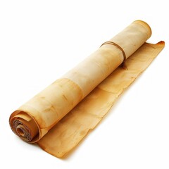 Vintage scroll opened papyrus, isolated on a white background, bright and vivid tonality, in the style of product photography