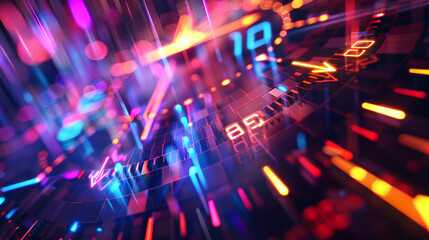 Close-up of a digital New Year countdown with abstract geometric patterns