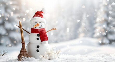 Fototapeta premium Smiling Snowman with Santa Hat and Red Scarf in a Beautiful Snowy Landscape, Perfect for Christmas and Winter Holiday Themes