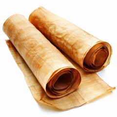 Vintage scroll opened papyrus, isolated on a white background, bright and vivid tonality, in the style of product photography