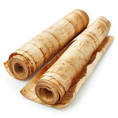 Vintage scroll opened papyrus, isolated on a white background, bright and vivid tonality, in the style of product photography