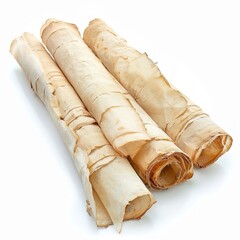 Vintage scroll opened papyrus, isolated on a white background, bright and vivid tonality, in the style of product photography