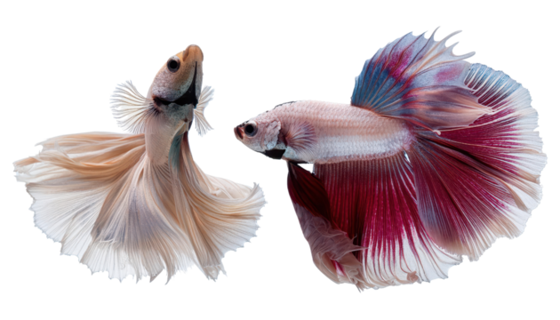 Two colorful betta fish with flowing fins swimming elegantly in clear water, showcasing their vibrant colors and graceful movements.