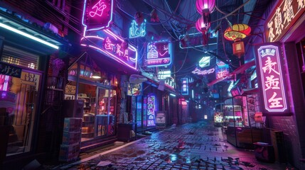Nighttime japanese street alley with neon sign light street market.
