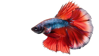Fototapeta premium A vibrant betta fish showcasing its stunning red and blue fins in a captivating underwater setting.