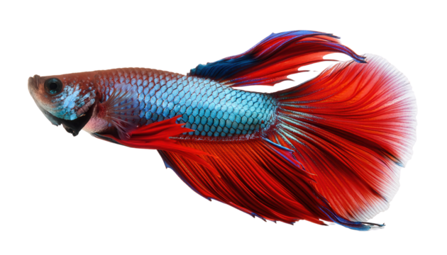A vibrant betta fish showcasing stunning blue and red colors with flowing fins against a transparent background.