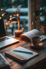 Arranged set of back-to-school essentials on a wooden desk that includes notebooks, pens, a laptop, and a cup of coffee with a soft, warm light illuminating the scene