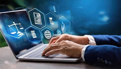 Obraz premium AI Laws and Regulations Concept. Hand typing on laptop with digital icons representing artificial intelligence, legal standard, ethics, and regulatory compliance, Technology law and policy, copyright,