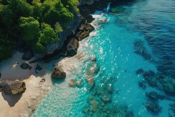 Obraz premium horizontal aerial drone view of a beautiful beach, crystal clear water and lush vegetation