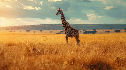 Obraz premium A giraffe standing in a field of tall grass