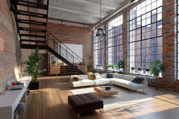 Fototapeta premium horizontal interior view of a modern bright industrial loft apartment with large windows and high ceiling