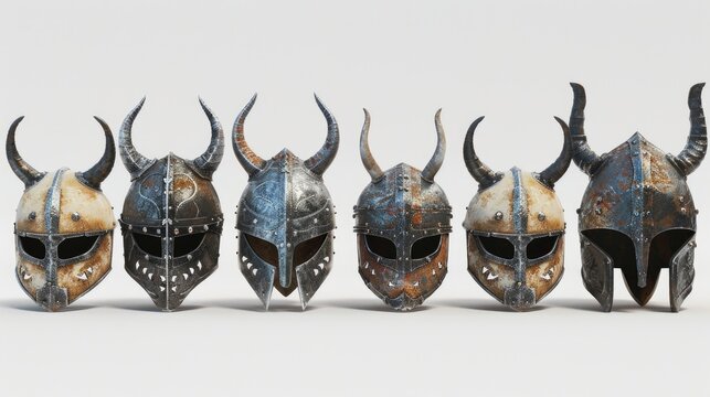 A collection of medieval-inspired helmets with horn-like protrusions, perfect for fantasy or historical illustrations