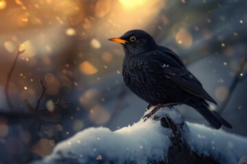 Fototapeta premium A black bird perches on the top of a snow-covered tree stump in a winter landscape