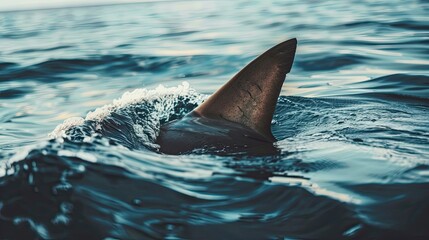 Fototapeta premium Closeup View of a Dangerous Shark Fin Emerging From Ocean Waters During the Daylight