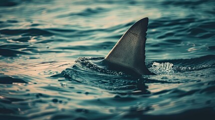 Fototapeta premium Closeup View Of A Dangerous Shark Fin Emerging From Ocean Waters At Dusk