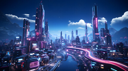 survivor communities future cityscape, cyber city, vibrant futuristic style, 3d illustration