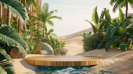 Fototapeta premium A tranquil desert oasis featuring a wooden deck surrounded by lush greenery and palm trees, set against sand dunes under a clear blue sky. 
