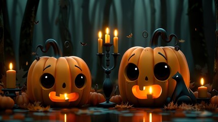 Obraz premium Cute Halloween Pumpkins with Candles in the Forest