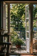 A wooden door opens onto a balcony filled with greenery, perfect for outdoor scenes or decoration inspiration