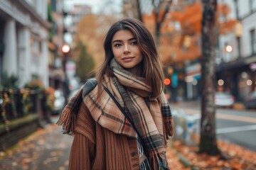 Fototapeta premium Stylish young woman walking down a city street, wearing trendy fall fashion including a cozy sweater, scarf, and boots
